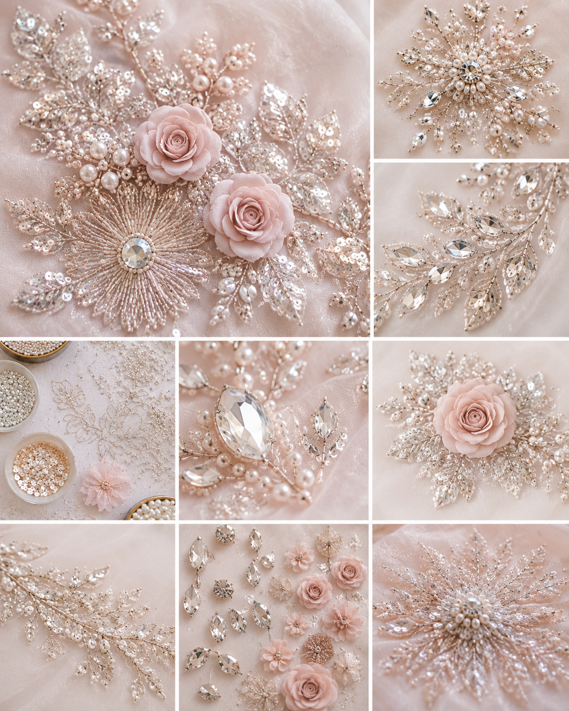 Hand-embroidered embellishment detail with florals, crystals, and pearls
