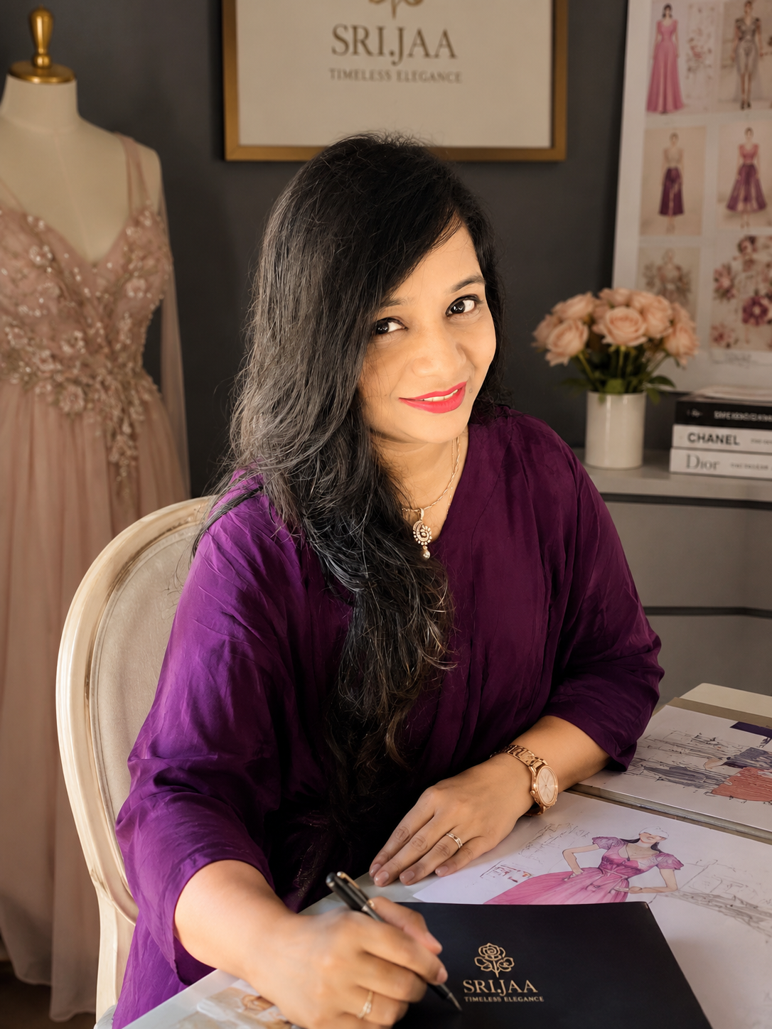 Designer Sangeeta Goyal in a purple dress at her SRIJAA studio