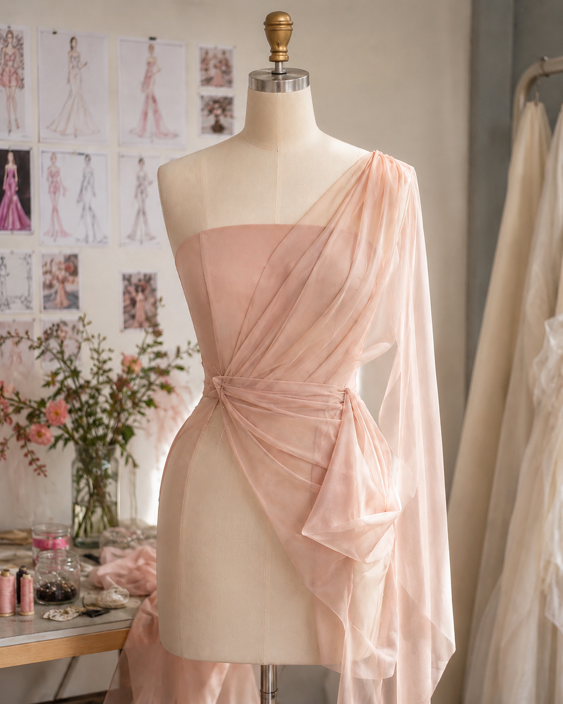 Soft couture draping pinned on a mannequin inside the studio