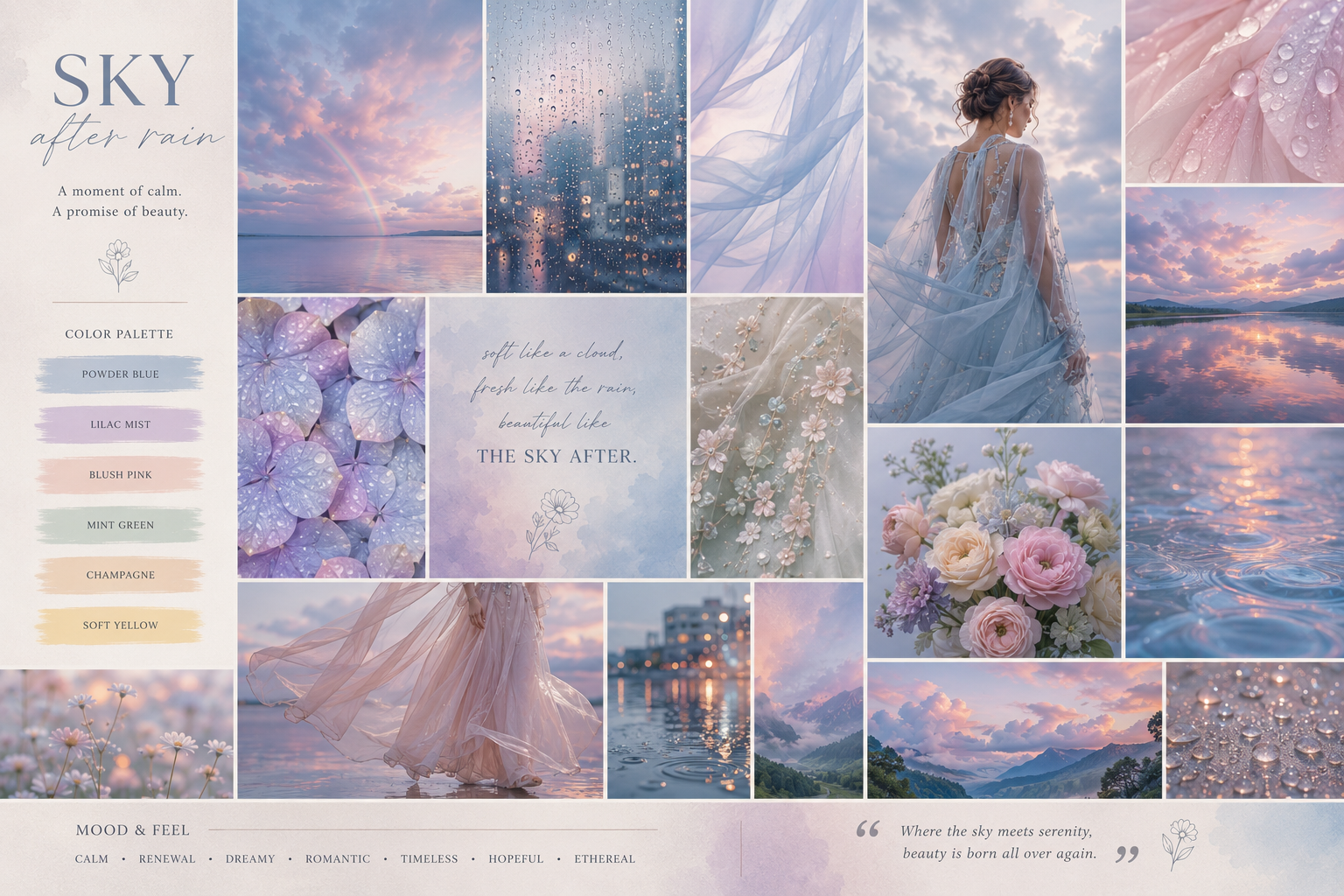 SRIJAA designer mood board with pastel sky, florals, and couture inspiration